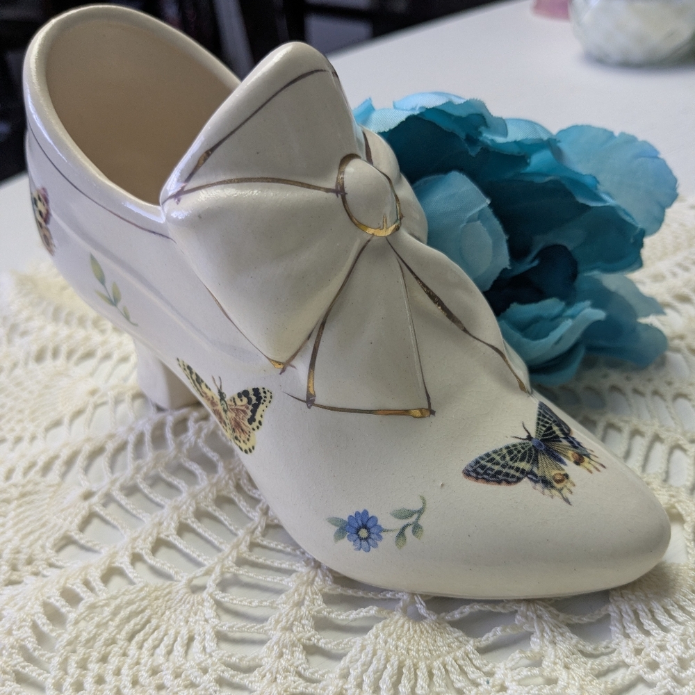 Porcelain Decorative Shoe Butterflies Victorian Style Trinket Planter